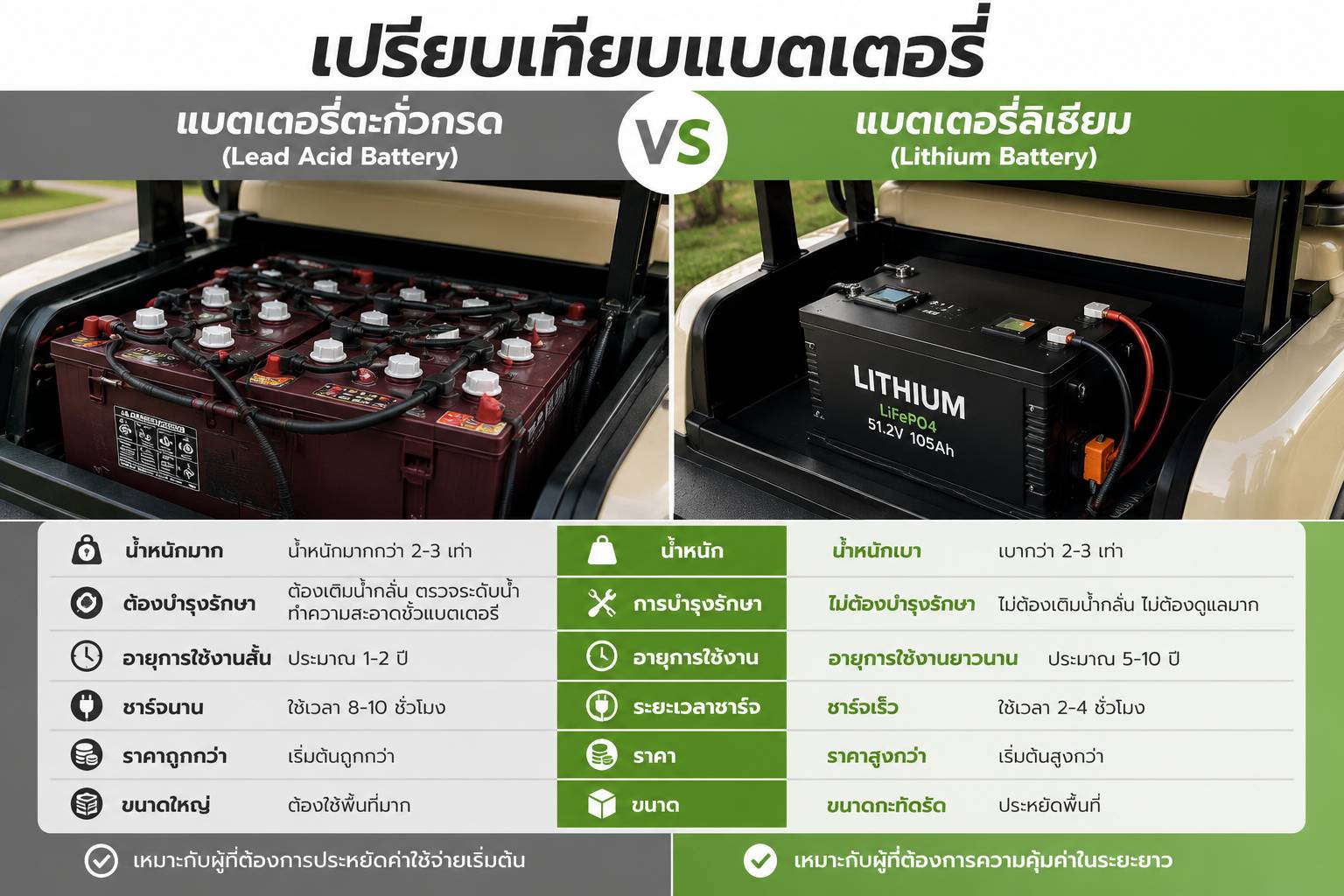 🔋 เปรียบเทียบมวยถูกคู่: ตะกั่ว-กรด VS ลิเธียม